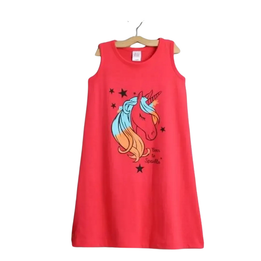 Pink Unicorn Cotton A-Line Night Dress For Girls