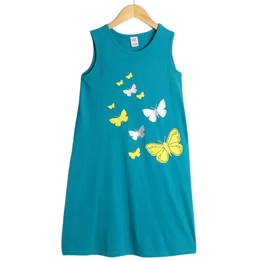 Green Butterfly Cotton A-Line Night Dress For Girls