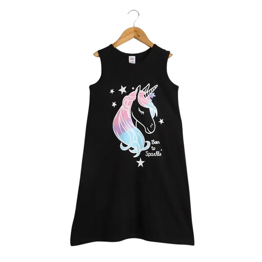 Black Unicorn Cotton A-Line Night Dress For Girls