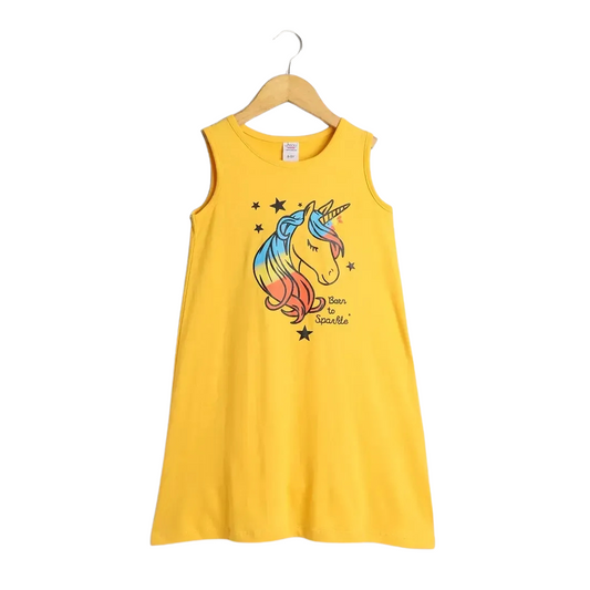 Yellow Unicorn Cotton A-Line Night Dress For Girls