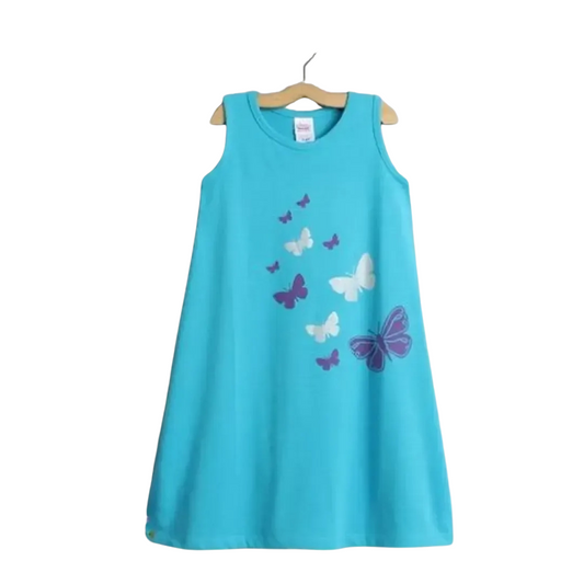 Blue Butterfly Cotton A-Line Night Dress For Girls