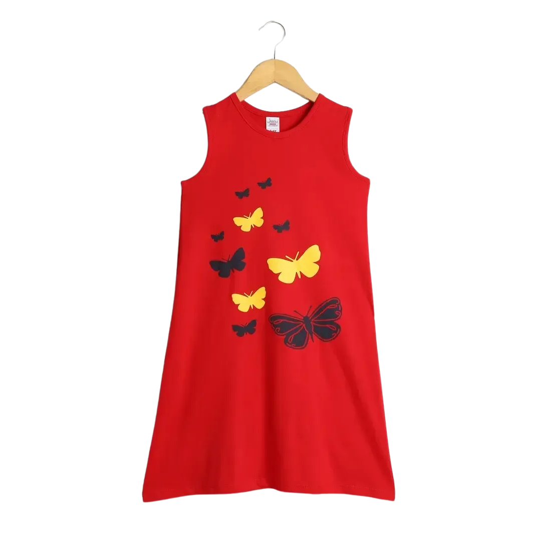 Red Butterfly Cotton A-Line Night Dress For Girls