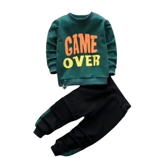 Green Cotton Blend Sweatshirt Set For Boys