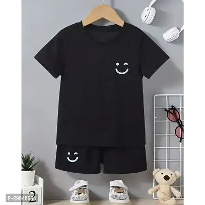 Rahello Black Smiley Print Cotton Blend T-Shirt and Shorts Set