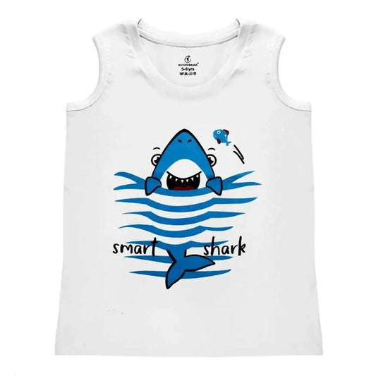 Rahello Classic Cotton White Shark Printed Sleeveless T-Shirt