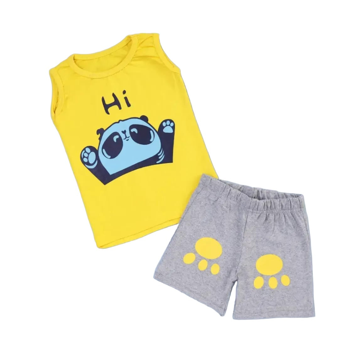 Rahello Stylish Yellow Cotton Printed Sleeveless T-Shirtwith Shorts