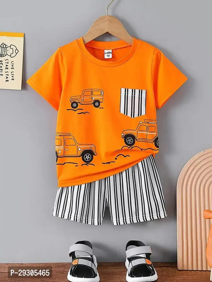 Rahello Stylish Orange Printed Cotton Blend T-Shirts with Shorts